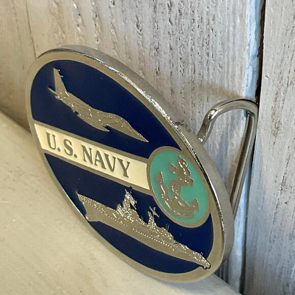 US Navy Belt Buckle Enamel Patriotic Ship Bomber Anchor Military - Picture 3 of 5